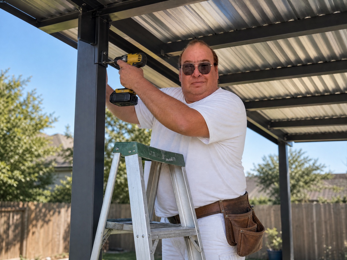 Rudy building a metal shade awning