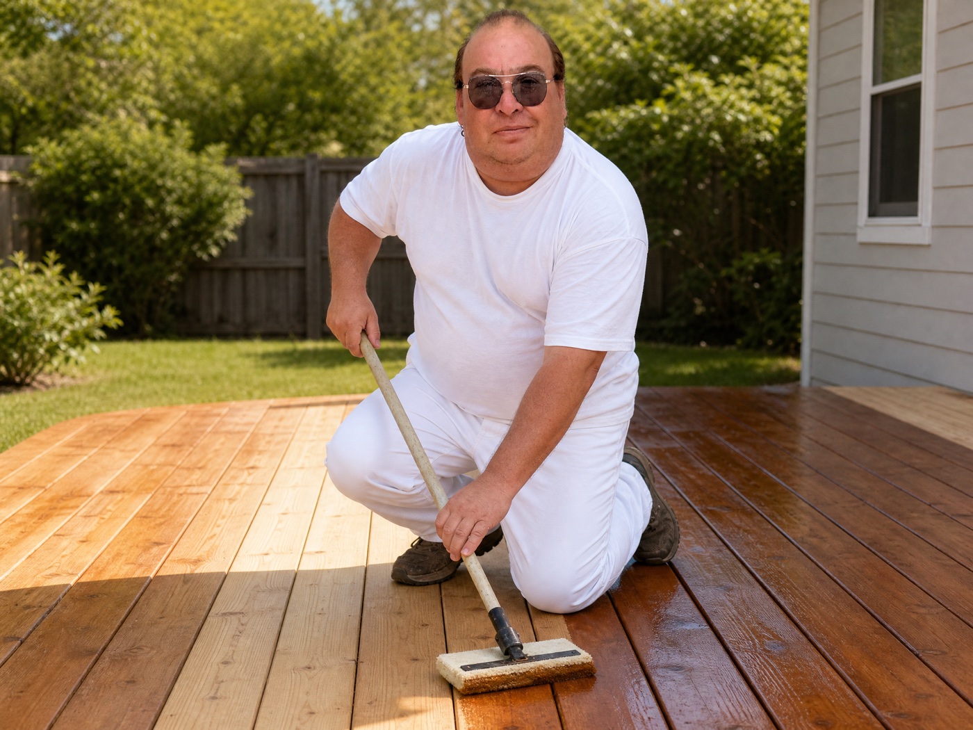 Rudy sealing a wood deck