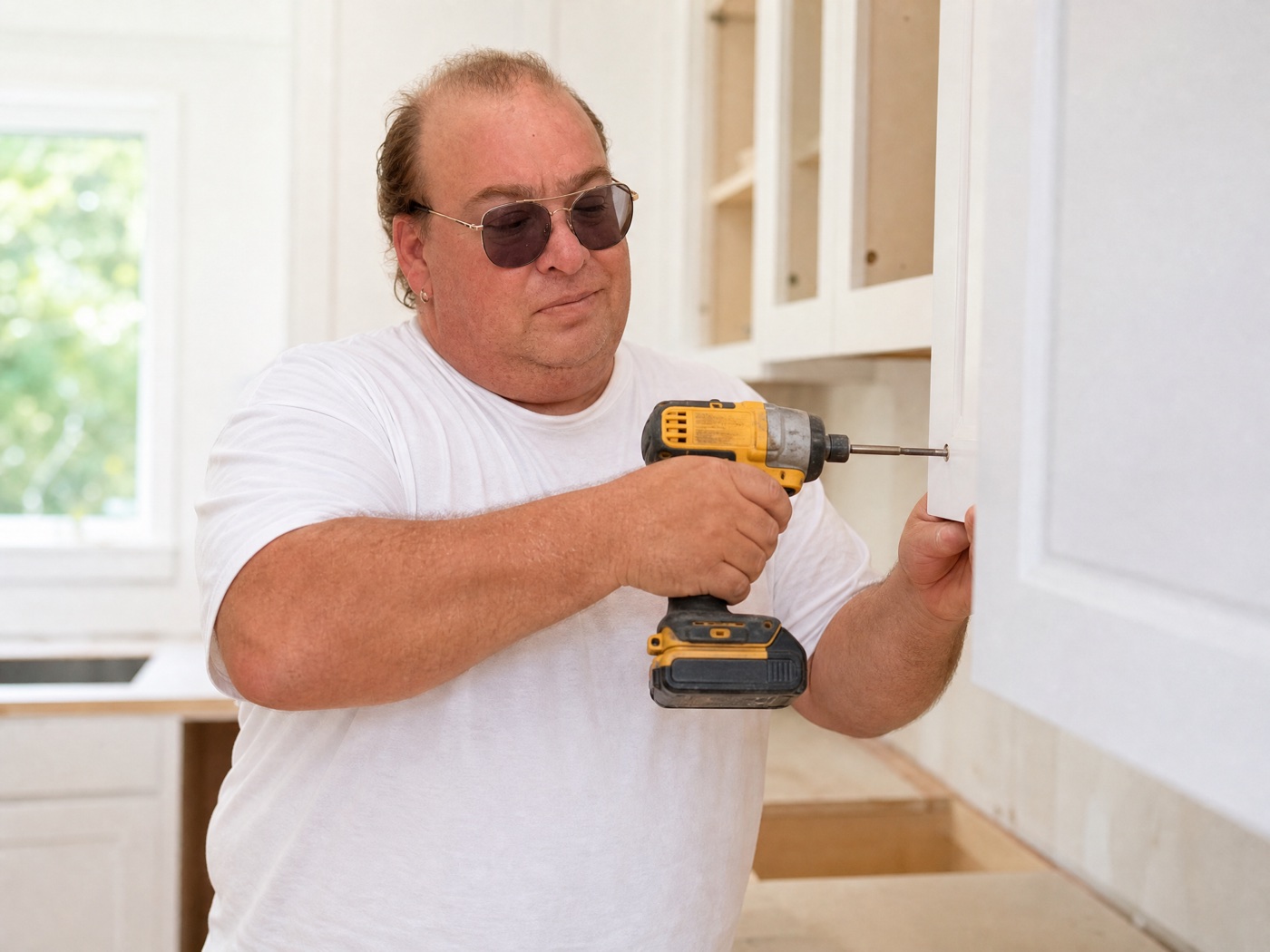 Rudy installing kitchen cabinets